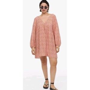 H&M Orange White Babydoll Peasant Dress Size XXL Long Sleeve Oversized Short NWT